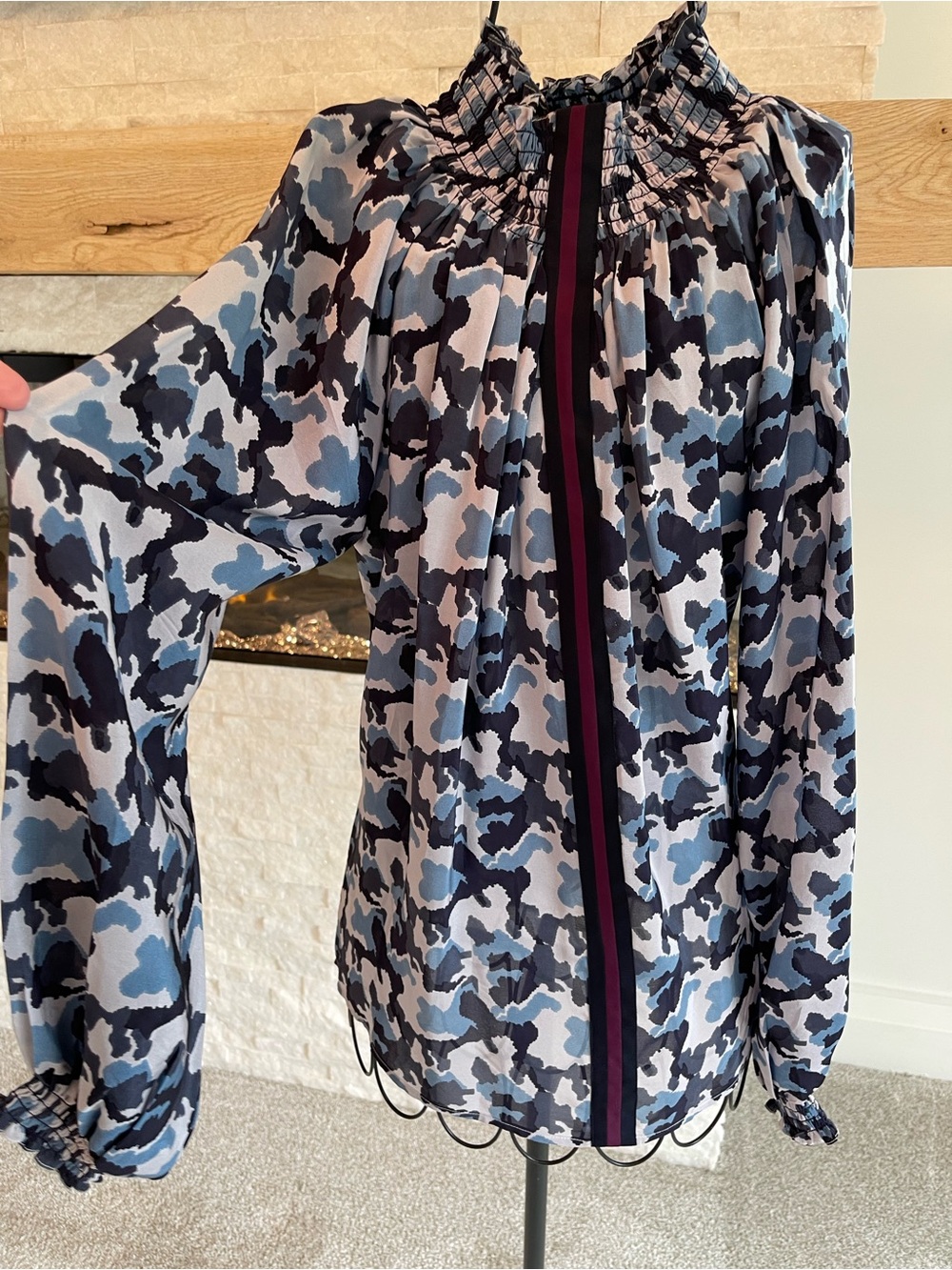 Smocked-Neck Printed Blouse in Blue, Black & White